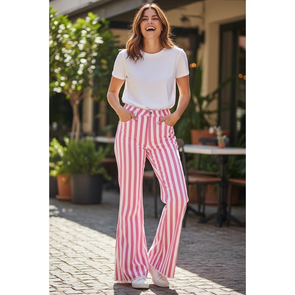 Peach Love California Pink White Stripe Flare Bell Bottom Pants Women's Size S